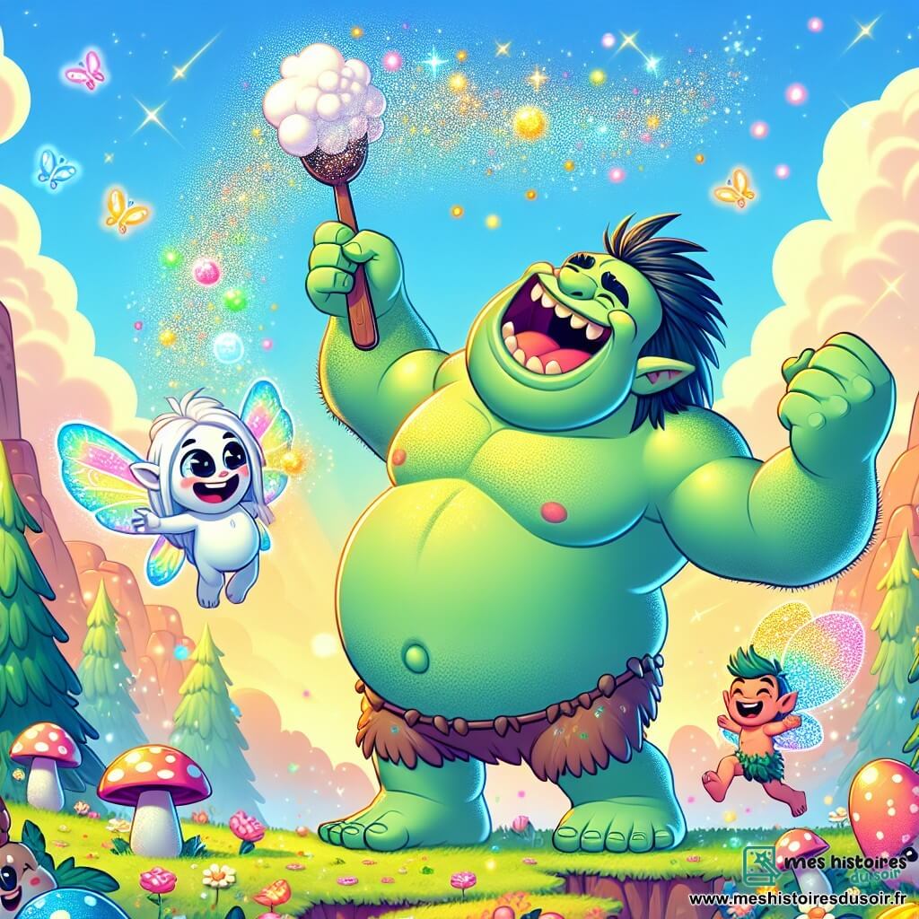 Dans un paysage féerique, un grand ogre nommé Gérard, avec une peau verte et des cheveux en brouillard, sourit joyeusement en tenant une cuillère géante. À ses côtés, Grignote, un petit bonhomme aux bras longs, saute avec enthousiasme en portant un chapeau en forme de champignon. Florelle, une petite fée aux ailes multicolores, vole autour d’eux en lançant des paillettes. La scène se déroule au sommet de la Montagne Grondeuse, entourée de fleurs lumineuses et d’arbres étranges, sous un ciel bleu avec un arc-en-ciel. Ils jouent à un jeu amusant où Gérard lance des boules de coton avec sa cuillère, créant une atmosphère de rires et de joie, illustrant leur belle amitié.