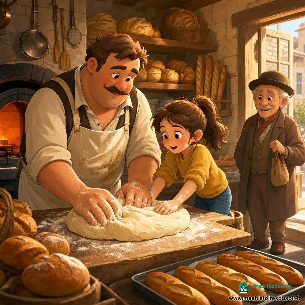 Paul, boulanger grand et robuste au visage rond et moustache fine, en tablier blanc farineux, pétrit une grosse pâte moelleuse sur une table en bois avec un sourire chaleureux; Lina, environ 8 ans, cheveux bruns en queue de cheval, debout sur un marchepied, les mains farinées posées sur la pâte, regarde émerveillée; Monsieur Robert, voisin d'environ 65 ans en chapeau rond et manteau brun, sourit en se tenant près de la porte avec un petit sac. L'intérieur de la boulangerie est chaleureux : murs en pierre claire, étagères en bois garnies de pains dorés, farine en nuage sur la table, un grand four noir ouvert laissant échapper une lumière orange douce et ustensiles en métal accrochés au mur; l'instant est intime et convivial, avec vapeur légère, rayons matinaux traversant la vitrine et palette de couleurs chaudes (ocre, miel, crème).