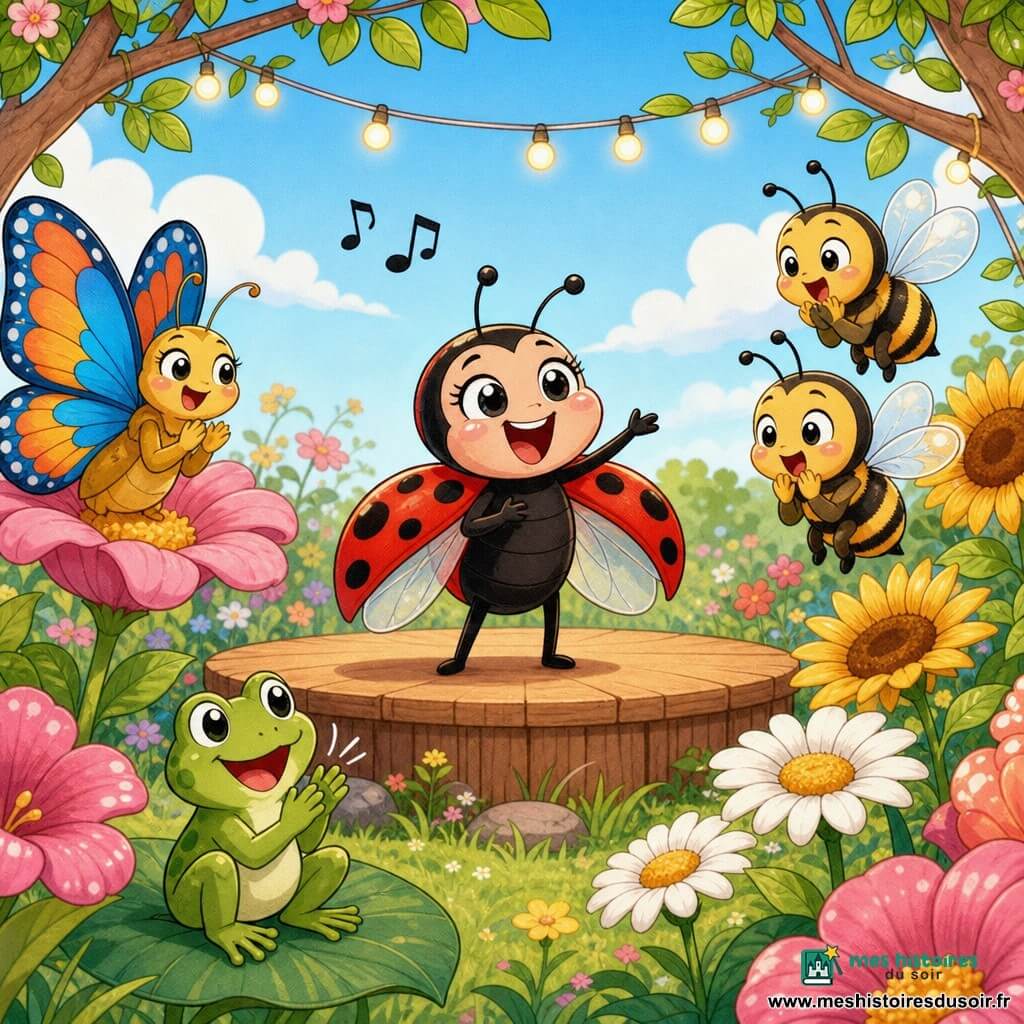 Lila, petite coccinelle rouge à points noirs, chante fièrement sur une estrade en bois, ailes légèrement déployées, tandis qu’un papillon bleu et orange à gauche applaudit perché sur une fleur, deux abeilles jaunes et noires à droite volent au-dessus des marguerites, une petite grenouille verte au premier plan applaudit depuis une feuille ; le jardin lumineux aux herbes vertes, grandes fleurs roses, tournesols jaunes et guirlandes de lumières sous un ciel bleu avec quelques nuages offre une ambiance chaleureuse et pastel, traits ronds et doux, scène claire et accueillante pour les enfants centrée sur un joyeux concours de chant.