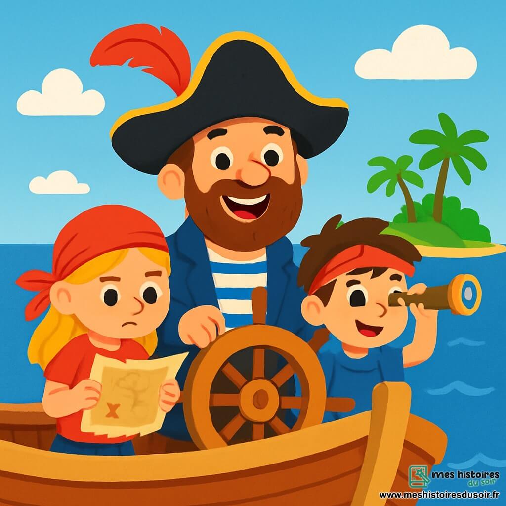 Un homme pirate, le capitaine Milo, sourit avec enthousiasme. Il a une barbe brune et porte une chemise rayée bleue et blanche, ainsi qu'un pantalon en cuir. Il tient la barre de son bateau, les yeux pétillants d'aventure. À ses côtés, deux jeunes pirates, une fille de 8 ans avec de longs cheveux blonds et un bandana rouge, et un garçon de 7 ans avec des cheveux bruns en bataille et un sourire malicieux, tiennent une carte et un petit télescope. Le bateau navigue sur une mer calme vers une île verdoyante entourée de palmiers et de plages dorées, remplis d'excitation et d'anticipation pour découvrir des trésors cachés.