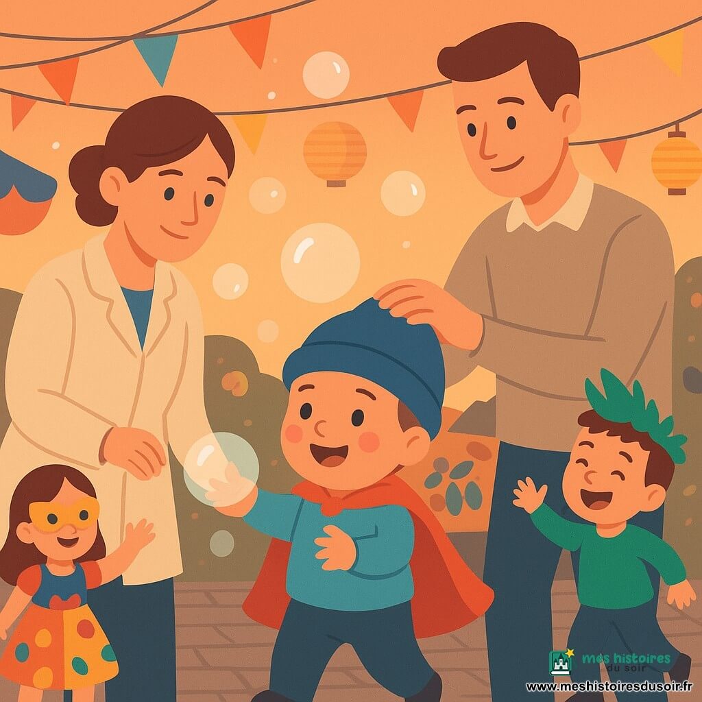 Léo, 2 ans, visage rond et joues roses, chapeau bleu et petite cape rouge, sourit émerveillé en tendant les bras vers une bulle de savon ; sa maman (30–35 ans, cheveux bruns attachés, manteau clair) lui tient la main à gauche, son papa (30–35 ans, cheveux courts) replace doucement son chapeau à l'arrière-droit ; derrière, Anna (≈4 ans) en masque doré et robe colorée lui fait signe en souriant et Sam (≈4 ans) avec des plumes vertes rit et danse à droite ; la scène a lieu au crépuscule dans une rue pavée décorée de fanions, lampions et un grand char fleuri, musiciens en arrière-plan, bulles flottantes, lumière chaude et atmosphère festive, style graphique aux formes simples, couleurs plates, contours nets, lisible pour un enfant de 2 ans.