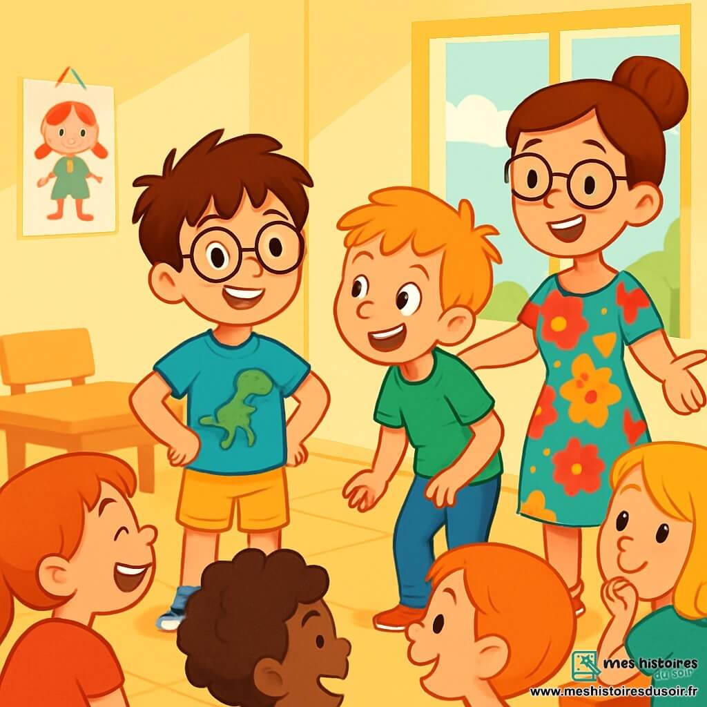 Il y a trois personnages : Paul, un garçon de 8 ans avec des cheveux bruns en bataille et des lunettes rondes, portant un t-shirt bleu avec un dinosaure et un short jaune, se tient au centre, souriant fièrement. Max, également âgé de 8 ans, a des cheveux blonds et des taches de rousseur, il est vêtu d'un t-shirt vert et d'un pantalon en jean, penché en avant, prêt à raconter une histoire. Madame Lucie, une femme adulte avec des cheveux châtains en chignon, porte une robe à fleurs et des lunettes, se tient à côté d'eux, les bras ouverts et souriante. La scène se déroule dans une salle de classe lumineuse aux murs jaunes pastel, décorée de dessins d'enfants et avec des tables en cercle. Paul et Max partagent leurs histoires avec leurs camarades, Paul racontant une anecdote sur la vérité, tandis que Max écoute attentivement. Les autres enfants, captivés, rient ou réfléchissent, profitant de l'ambiance joyeuse de la classe.