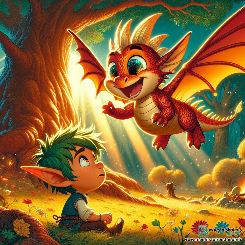 Un petit dragon nommé Flamme, avec des écailles rouges et or, vole joyeusement vers un grand chêne majestueux. À côté, un lutin nommé Léo, aux oreilles pointues et aux cheveux verts en désordre, est assis par terre, triste et inquiet. La scène se déroule dans une forêt enchantée, baignée de lumière dorée, avec des arbres épais et des fleurs colorées. Flamme s'approche de Léo pour lui offrir son aide et apporter de la joie.