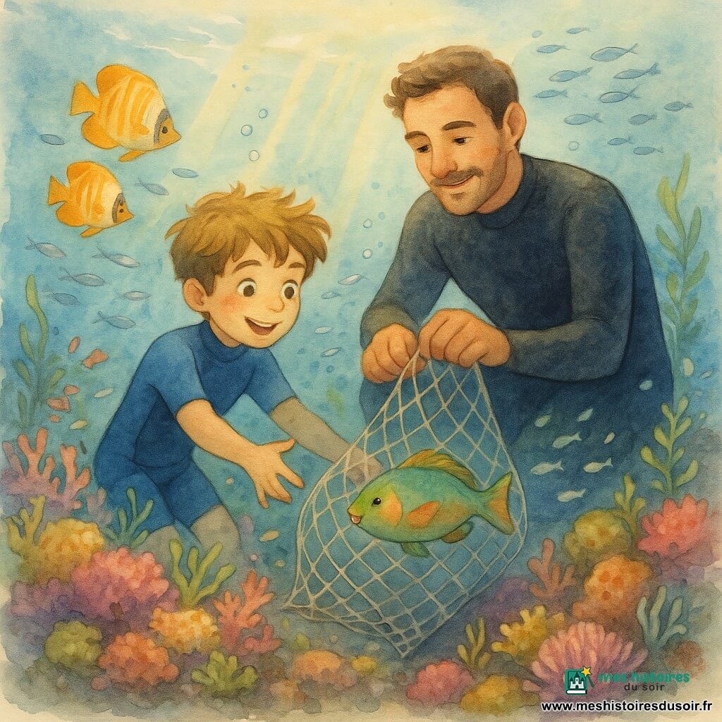 Un garçon de 8 ans, joyeux, cheveux châtain clair en bataille, yeux rieurs, en petite combinaison de plongée bleue, tend la main pour libérer un poisson pris dans un filet pendant que son oncle Max, ~40 ans, barbu léger, peau hâlée, en grande combinaison noire, accroupi derrière lui, manipule le filet avec précaution; poissons colorés (papillons orange, perroquets verts, bancs argentés) nagent autour d'un récif riche de coraux roses, violets et jaunes, anémones et algues, sous des rayons de soleil dorés et bulles; ambiance chaleureuse et aventureuse, style aquarelle douce aux contours légers et palette lumineuse.