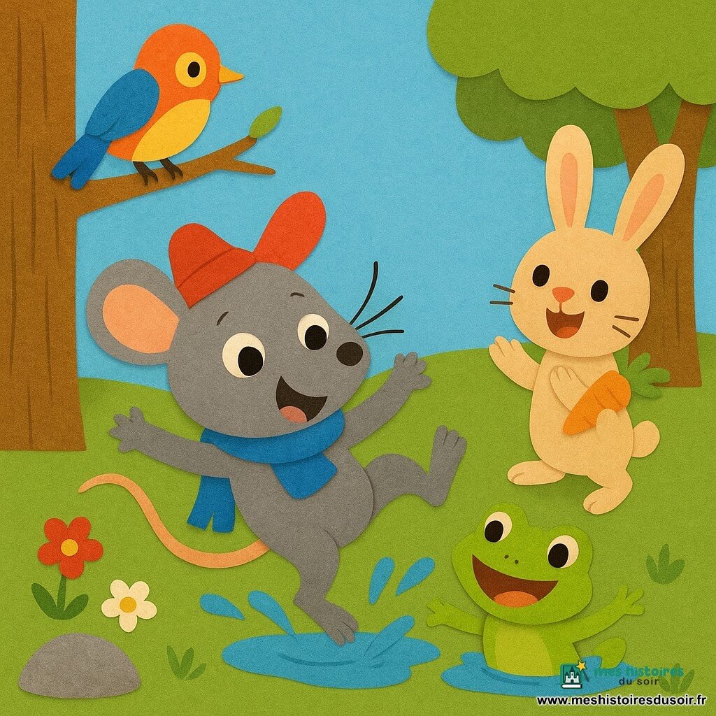 Un petit rat gris aux yeux ronds et moustaches fines, joyeux et un peu surpris, porte un chapeau rouge et une écharpe bleue et tombe en faisant une pirouette comique ; à côté, une grenouille verte éclabousse dans une flaque, un lapin beige aux grandes oreilles tient une carotte orange et applaudit en sautillant derrière, et un oiseau jaune et bleu perché sur une branche basse chante en regardant le groupe ; la scène se déroule dans une clairière ensoleillée avec herbe verte, fleurs rouges et blanches, une grosse pierre et des arbres, ambiance ludique et lumineuse, couleurs saturées, formes simples, textures papier et ombres douces, composition centrée sur la chute du rat.