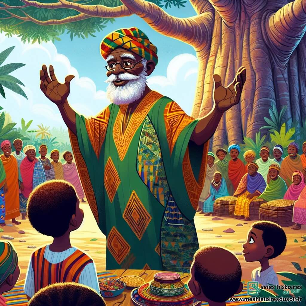 Au centre de l'image, Aboubakar, un homme d'environ 60 ans, se tient sous un grand baobab. Il a une barbe poivre et sel et porte une tunique colorée. Son visage exprime détermination et chaleur, tandis qu'il lève les bras pour rassembler les villageois. À ses côtés, Samba, un garçon de 10 ans, regarde Aboubakar avec admiration, tenant un cerf-volant coloré. En arrière-plan, plusieurs villageois se rassemblent autour d'une grande table en bois, ornée de plats traditionnels. Les couleurs vives des vêtements contrastent avec le vert de la forêt et le ciel bleu. La scène illustre l'appel d'Aboubakar aux familles Djembe et Tamba pour un banquet de réconciliation, symbolisant l'harmonie retrouvée au sein du village de Karamoko.
