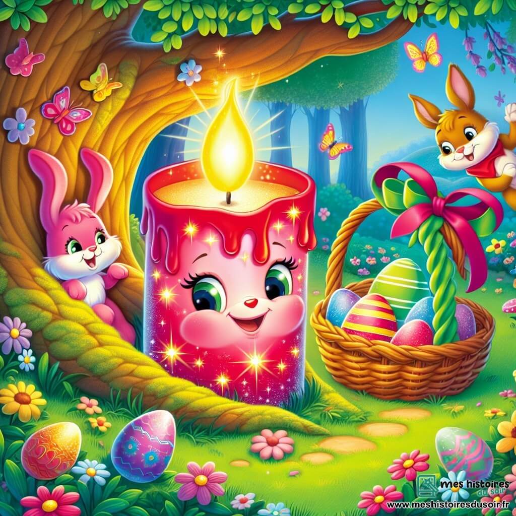 Au centre de l'image, Luminou, une bougie joyeuse aux couleurs éclatantes de rose et rouge, brille tandis qu'il cherche des œufs de Pâques disparus. À ses côtés, Bolinou, un panier en osier souriant rempli de chocolats, regarde autour de lui avec curiosité. Rubanette, une guirlande en satin vert, s'enroule autour d'une branche d'arbre, prête à aider ses amis. Le décor est un jardin enchanteur avec des fleurs colorées, des papillons et un vieux chêne, sous lequel se cache un lapin de jardin observant la scène. Luminou et ses amis scrutent le sol à la recherche d'indices, tandis que le lapin, un peu timide, émerge de sa cachette.
