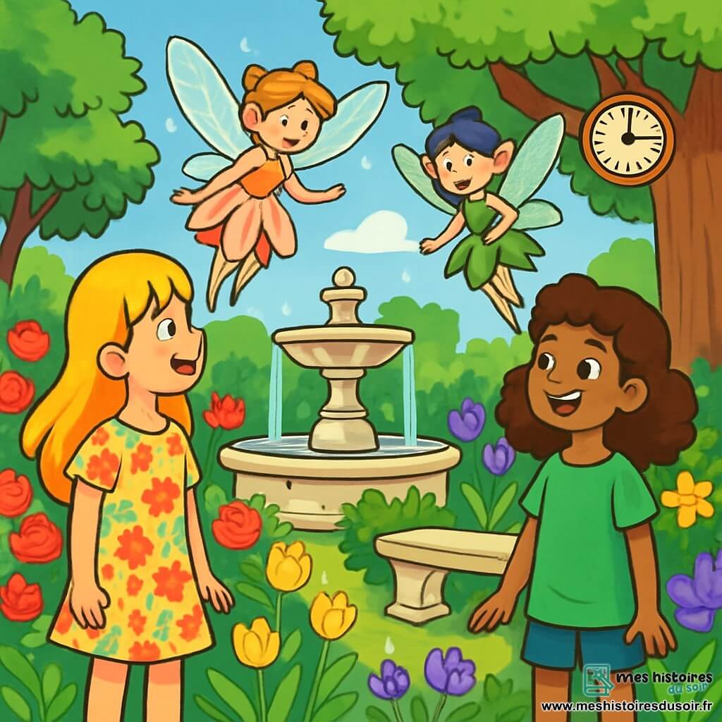 Quatre personnages sont présents : Élise, une fille de 10 ans aux cheveux dorés et à la robe à fleurs, émerveillée par le jardin ; Sarah, également âgée de 10 ans, avec des cheveux bruns et une tunique verte, admirant le lieu ; Lilia, une petite fée aux ailes translucides et à la robe de pétales, flottant au-dessus d'elles ; et Myrtille, une autre fée avec des ailes scintillantes et une robe de feuilles, regardant les filles avec bienveillance. Le jardin est magique, rempli de fleurs éclatantes et d'une fontaine de pierre au centre. Élise et Sarah découvrent ce lieu enchanté, accueillies par les fées, prêtes à écouter les histoires du jardin.