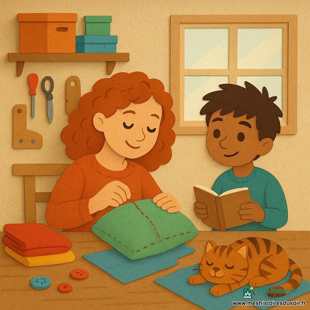 Lila, une jeune femme aux cheveux bouclés et roux, sourit avec douceur, ses yeux pétillants de curiosité. Elle est assise à une table d'atelier, entourée de tissus colorés et de boutons, concentrée sur un coussin qu'elle coud avec soin. Noé, un garçon de 7 ans aux cheveux bruns ébouriffés, observe avec fascination, debout à côté de Lila, tenant un carnet de croquis. Biscotte, un chat tigré, est allongé sur un morceau de tissu polaire, ses yeux mi-clos, ronronnant paisiblement. L'atelier est une pièce chaleureuse, avec des étagères remplies de boîtes colorées, des outils suspendus et une grande fenêtre laissant entrer la lumière du matin. La scène montre Lila et Noé en train de finaliser leur invention-câlin du matin, une ambiance de créativité et de complicité flottant dans l'air.