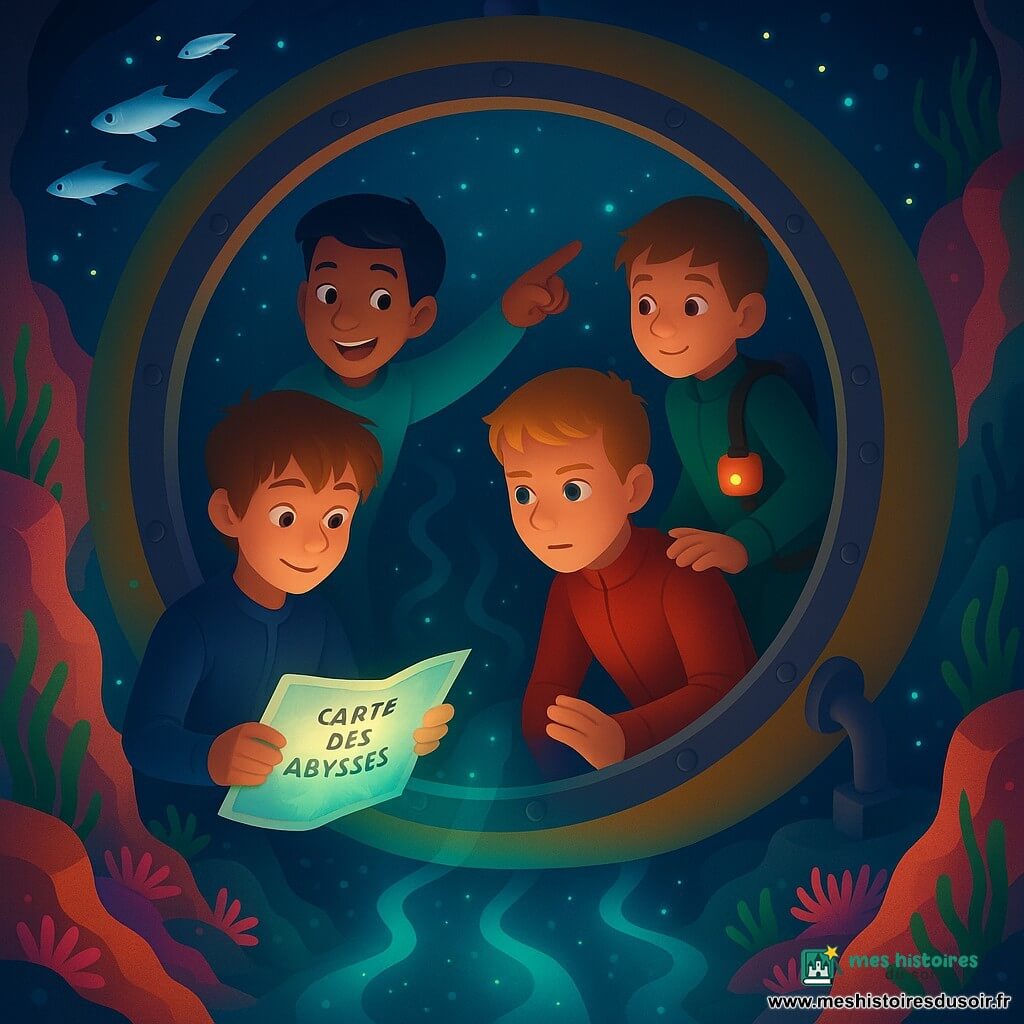 Quatre garçons dans une capsule de plongée ronde descendant dans une mer nocturne bioluminescente : Noé (12 ans) cheveux brun clair en bataille, yeux noisette, combinaison bleu marine, assis avant gauche tenant une carte plastifiée qui luit ; Sami (11 ans) teint hâlé, cheveux noirs courts, combinaison turquoise, debout derrière Noé à gauche pointant un banc de poissons argentés ; Léo (12 ans) cheveux blonds courts, combinaison rouge, accroupi avant droit la main sur un hublot ; Hugo (11 ans) cheveux châtains, combinaison verte avec lampe étanche orange, arrière droit ajustant un levier. La capsule s’arrête face à trois chemins sous-marins dans un canyon corallien aux parois roses et oranges, anémones et varechs ondulant, particules lumineuses et poissons argentés virevoltant tandis que la carte s’illumine sous la lueur des animaux marins, créant une atmosphère d’émerveillement.