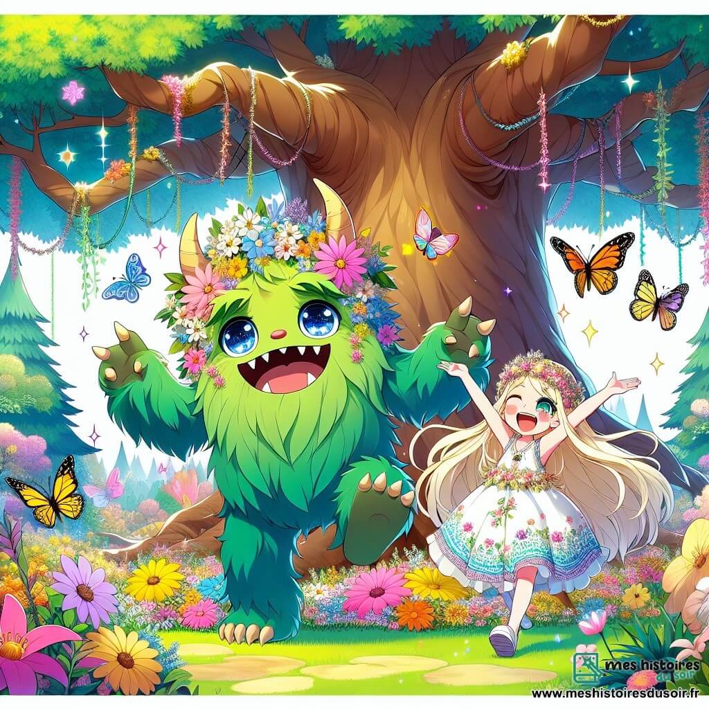 Un monstre gentil nommé Gruffy, avec une fourrure verte et des yeux pétillants, danse sous un grand chêne, souriant chaleureusement. À ses côtés, Lily, une petite fille de 8 ans aux longs cheveux blonds et aux yeux brillants, rit en sautant autour de lui, vêtue d'une robe colorée. En arrière-plan, le Jardin des Merveilles s'étend, rempli de fleurs géantes, d'arbres scintillants et de papillons, créant une atmosphère magique. La scène illustre leur amitié alors qu'ils se préparent à sauver le jardin d'un sorcier maléfique.