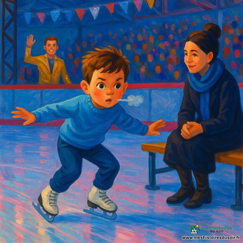 Un garçon de 8 ans au visage rond et cheveux châtains courts, concentré et déterminé, patine au centre d’une grande patinoire intérieure en pull bleu ciel et patins blancs, genoux pliés et bras ouverts; Sacha, un homme d’environ 30 ans en costume doré à sequins, se tient derrière la rambarde et lève la main pour l’encourager, légèrement flou, et Élise, une femme d’environ 40 ans en manteau sombre et écharpe bleue, assise près de la glace, le regarde avec bienveillance; glace lisse aux reflets bleus et roses, gradins animés, banderoles de compétition, ambiance de finale tendue mais joyeuse alors que le garçon réussit un tour sans tomber.