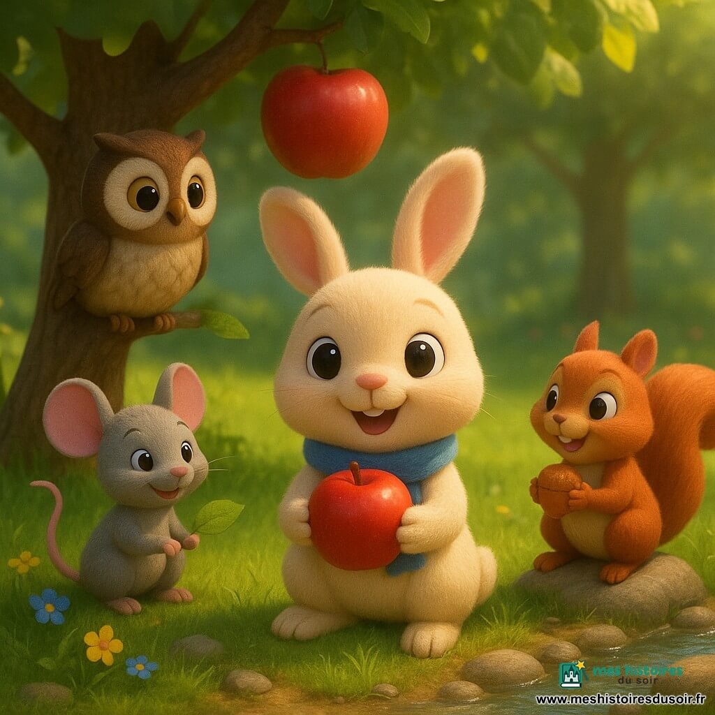 Léon, petit lapin crème au pelage doux et écharpe bleue, tient une pomme rouge et la montre à ses amis. Mina, petite souris grise aux oreilles roses, sourit en tenant une feuille, assise sur une touffe d'herbe à gauche. Oscar, hibou brun rond aux grands yeux, est perché sur une branche au-dessus, calme et curieux. Lulu, écureuil roux à grosse queue, enthousiaste, tient une noisette près d'un ruisseau à droite. Dans une clairière ensoleillée avec herbe verte, fleurs colorées et pierres au bord d'un ruisseau scintillant, un pommier porte une grosse pomme rouge; la scène centrée et chaleureuse montre les petits aventuriers réunis pour partager la pomme, aux couleurs vives et textures douces.
