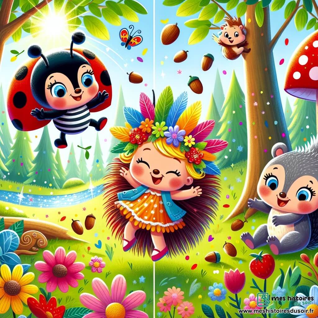Lili la coccinelle, joyeuse avec ses ailes rouges à pois noirs, saute de feuille en feuille, rayonnante de bonheur. À côté, Léon le hérisson, avec son chapeau à plumes colorées, sourit en essayant de ne pas le faire tomber, tandis que Zoé l’écureuil jongle avec des noisettes sur une branche. La scène se déroule dans une forêt enchantée, avec des arbres majestueux, des feuilles brillantes sous le soleil et des fleurs multicolores au sol. Un ruisseau scintille en arrière-plan, ajoutant de la magie à l’atmosphère. Lili propose à ses amis de préparer une grande fête surprise, et tous trois rient en imaginant les décorations et les jeux.