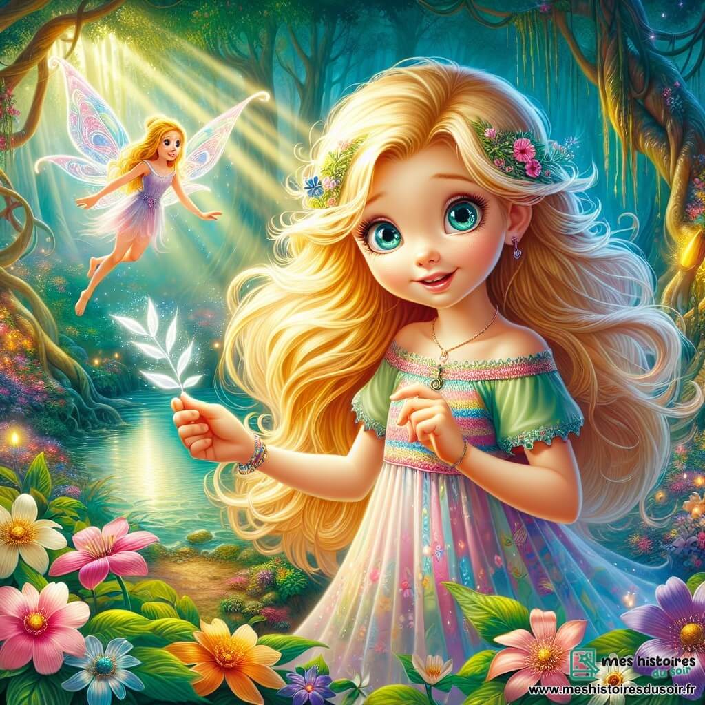 Élina, une jeune fille aux cheveux dorés et aux yeux curieux, se tient au bord d'un lac scintillant, émerveillée et excitée, tenant une Plume d'Argent. Elle porte une robe légère en tissu pastel ornée de fleurs colorées. À ses côtés, une petite fée aux ailes brillantes flotte, souriante, partageant un secret magique. Le décor est une forêt enchantée avec des arbres majestueux et des fleurs éclatantes, où un rayon de soleil filtre à travers les feuilles. Élina, prête à faire un vœu, regarde la fée tout en ressentant la tristesse des animaux de la forêt.