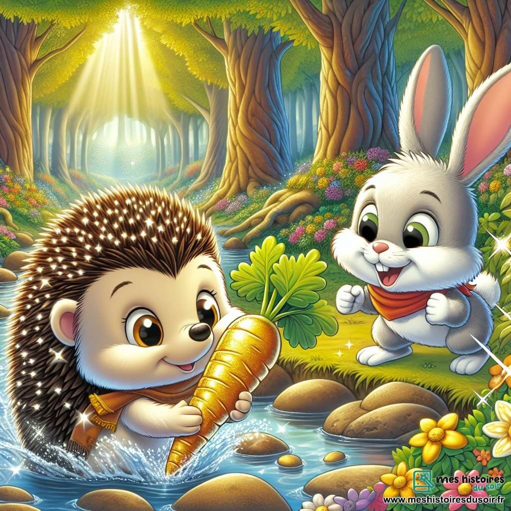 Un petit hérisson nommé Piquet, avec un pelage doux et des épines brillantes, montre une grande détermination en poussant une carotte d'or avec ses petites pattes, ses yeux pétillants de joie. À ses côtés, son ami le lapin Fripon, un adorable lapin aux grandes oreilles et au pelage blanc, saute de bonheur, émerveillé. La scène se déroule près d'un ruisseau entouré de fleurs colorées et de pierres brillantes, avec des arbres majestueux dont les feuilles dansent dans le vent. Piquet et Fripon découvrent ensemble la carotte d'or, symbole de leur amitié, célébrant leur victoire au cœur de la forêt enchantée.