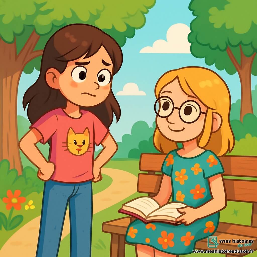 Célia, 12 ans, a de longs cheveux bruns et des yeux curieux. Elle porte un t-shirt rose avec un chat et un jean bleu, affichant une légère nervosité mais aussi une détermination. Elle est debout, les mains sur les hanches, prête à s'excuser auprès de sa meilleure amie. À côté, Léa, également 12 ans, a des cheveux blonds et des lunettes rondes. Elle sourit à Célia, assise sur un banc dans le parc, portant une robe à fleurs et tenant un livre ouvert. Le parc est verdoyant, avec des arbres, un ciel bleu clair et des fleurs colorées. Célia prend une profonde inspiration, prête à avouer son mensonge à Léa, sous un doux soleil qui éclaire leur amitié naissante.