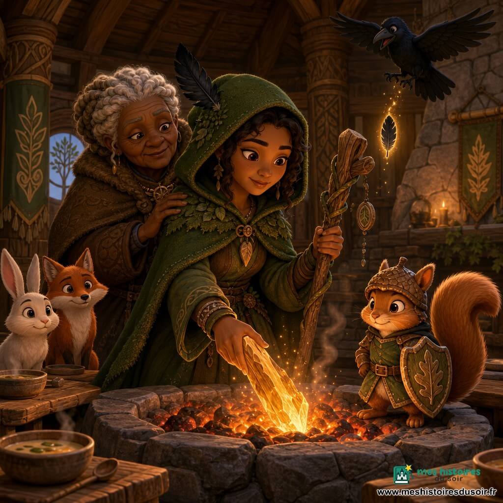 Maëline, druidesse souriante et déterminée, porte une cape vert mousse texturée et une capuche ornée d’une plume noire, tient un bâton de noisetier noueux et pose un éclat de bois doré sur les braises pour rallumer la flamme; Dame Brune, femme âgée au visage ridé et bienveillant, manteau brun épais, pose la main sur l’épaule droite de Maëline et regarde la flamme renaissante depuis l’arrière-gauche; Sir Grignotin, petit écureuil-chevalier avec un casque-gland et un bouclier feuille de chêne, est à genoux près du foyer à droite, queue haute et regard fier; un lapin blanc curieux et un renard roux observent à gauche en arrière-plan et une corneille noire survole en laissant tomber une plume brillante; décor : grande salle du Foyer des Druides en bois aux larges poutres sculptées, tapisseries de feuilles, grand âtre en pierre central aux braises rouges, bols de soupe fumants sur bancs rustiques; scène principale : Maëline rallume la flamme avec un éclat de bois-soleil, lumière orange-dorée et étincelles, ombres chaleureuses, visages soulagés, ambiance cosy et héroïque; perspective trois-quarts, plan taille pour Maëline, couleurs chaudes saturées, contours nets en cel-shading, textures bois et pierre détaillées, éclairage doux et dramatique.