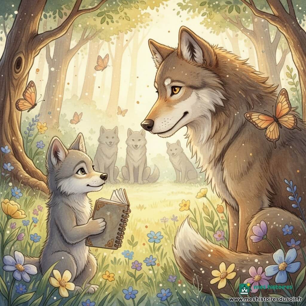Un louveteau gris clair au museau blanc, pelage doux et regard timide tient un vieux carnet spirale cuivré devant un vieux loup brun-ocre au sourire bienveillant, assis et inclinant la tête ; trois loups flous forment un demi-cercle en arrière-plan dans une vaste clairière d'herbes hautes et fleurs vives, papillons translucides et arbres noueux, lumière dorée filtrée et légère brume ; scène silencieuse d'échange de confiance et de sagesse, atmosphère chaleureuse, magique et paisible, tons pastels avec accents dorés.