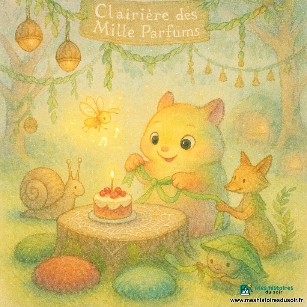 Dans la Clairière des Mille Parfums, une fête chaleureuse autour d’un gâteau crémeux aux fruits rouges posé sur un tronc-table : le petit personnage principal, animal magique à fourrure changeante (jaune, vert, rose), rond et bas, yeux brillants, tient le ruban de soie végétale au centre de la table, émerveillé ; Paillette, luciole dorée, trace des notes lumineuses au-dessus du gâteau ; Mousse, escargot chef d’orchestre au coquillage beige, marque le rythme en tapotant une coquille à gauche ; Brindille, renard de feuilles et fougères, souriant, tient l’autre extrémité du ruban à droite et aide à nouer ; un petit invité timide caché sous une feuille reçoit une part et paraît soulagé et heureux. Le sol est tapissé de mousse, lanternes en coquilles de noix et rubans de feuilles pendent aux branches, coussins en mousse entourent le tronc et une nappe de toile d’araignée délicate et une guirlande de clochettes décorent l’arrière-plan ; on voit mains, pattes et antennes coopérer pour nouer le ruban et souffler la bougie dans une atmosphère douce et conviviale.