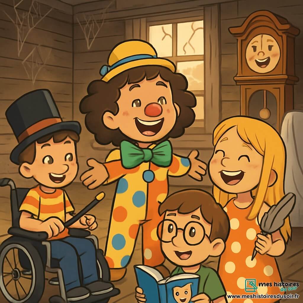 Quatre enfants se trouvent dans une vieille maison abandonnée : Léna, 10 ans, avec des cheveux bouclés et bruns, porte un costume de clown coloré et se tient au centre, souriante. Tom, également 10 ans, est assis dans un fauteuil roulant, vêtu d'un t-shirt à rayures et d'un chapeau de magicien, tenant une baguette magique. Zoé, 10 ans, a des cheveux longs et blonds, porte une robe à pois et tient une plume, riant à droite de Léna. Max, avec des lunettes rondes et des cheveux châtains, est à l'arrière, observant avec un livre de blagues sur ses genoux. L'ambiance est mystérieuse avec des murs en bois usés et des fenêtres poussiéreuses. Les enfants chantent une chanson drôle autour d'une horloge grinçante qui commence à émettre un léger cliquetis, prête à rire.