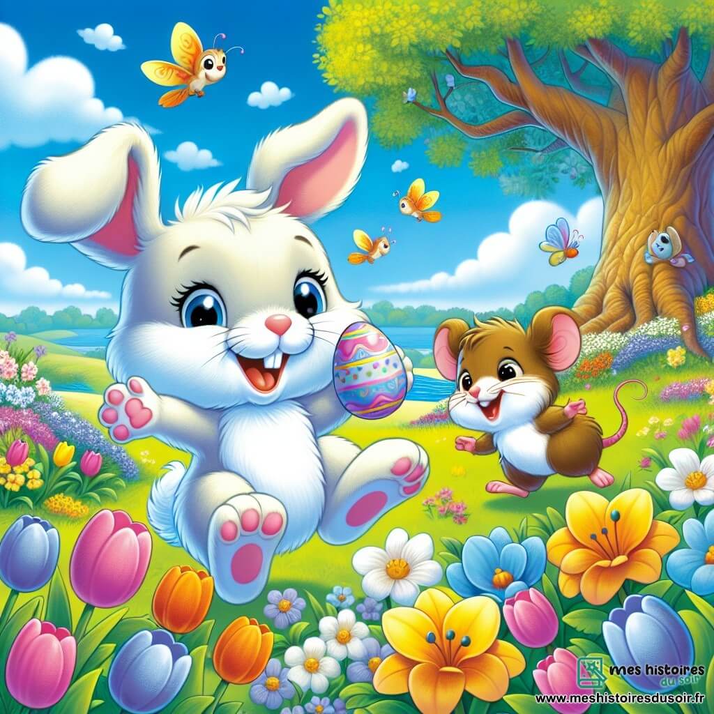 Un petit lapin nommé Léo, avec un pelage blanc et des yeux pétillants, saute joyeusement dans un jardin fleuri, tenant un œuf coloré. À ses côtés, sa meilleure amie, Mia la souris, sourit en tenant un œuf bleu. Le jardin est rempli de tulipes, de jonquilles et de papillons, sous un ciel bleu. Un grand chêne offre de l'ombre et des oiseaux chantent dans ses branches. La scène illustre Léo et Mia en pleine chasse aux œufs de Pâques, entourés de rires et de couleurs, capturant la magie du printemps.