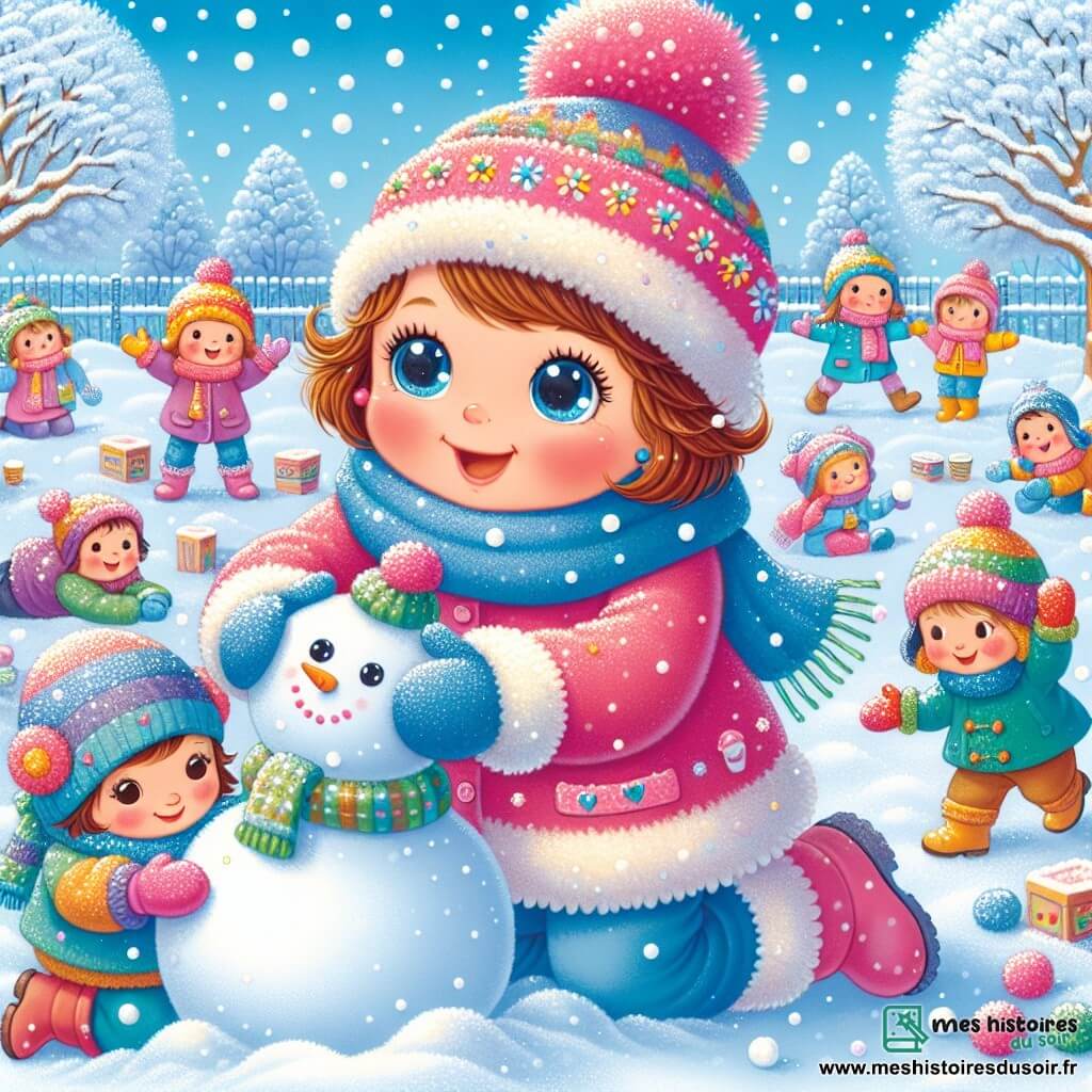 Une petite fille de 1 an, aux grands yeux brillants et joues roses, joue dans la neige. Elle porte un manteau rose vif, un bonnet à pompon et des gants colorés, souriant en attrapant des flocons de neige. À côté d'elle, Madame Sophie, la maîtresse d'environ 30 ans, aide les enfants à rouler des boules de neige pour construire un bonhomme de neige, tout en encourageant Léa. Le jardin d'école est recouvert de neige scintillante, avec des arbres chargés de neige et un ciel bleu clair. Les enfants rient et s'amusent à construire un bonhomme de neige, créant un tableau hivernal enchanteur.