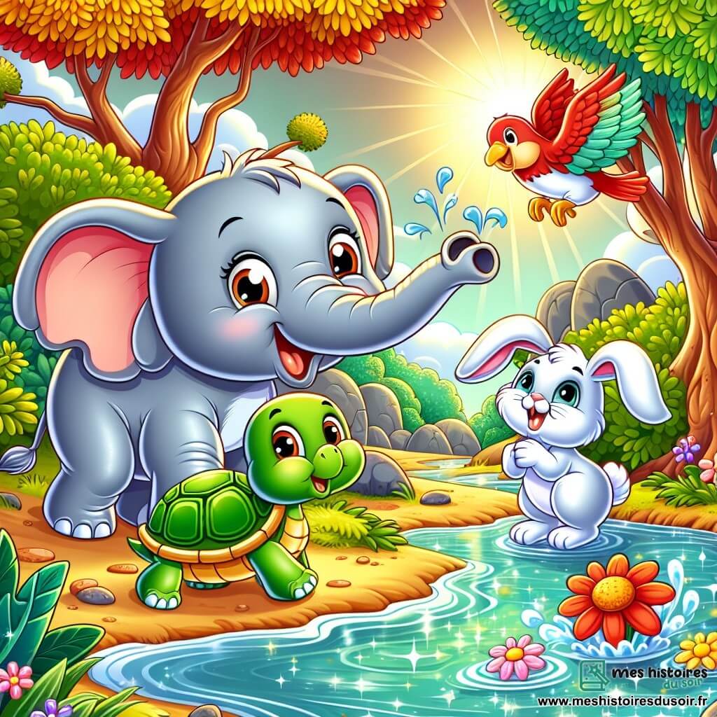 Un éléphant joyeux, avec une peau grise et de grandes oreilles, se tient au bord d'une rivière scintillante, souriant avec des yeux pétillants. À côté, une tortue verte à la carapace brillante regarde l'éléphant en hochant la tête. Un lapin blanc aux grandes oreilles, sautillant avec enthousiasme, est juste derrière, prêt à bondir. Un oiseau rouge vole au-dessus d'eux, chantant joyeusement. La scène se déroule dans une forêt magique avec des arbres aux troncs épais et des feuilles dorées. La rivière, pleine d'eau claire, serpente entre les rochers, entourée de verdure. L'éléphant utilise sa trompe pour souffler de l'eau dans la rivière, tandis que les autres animaux l'encouragent avec joie.
