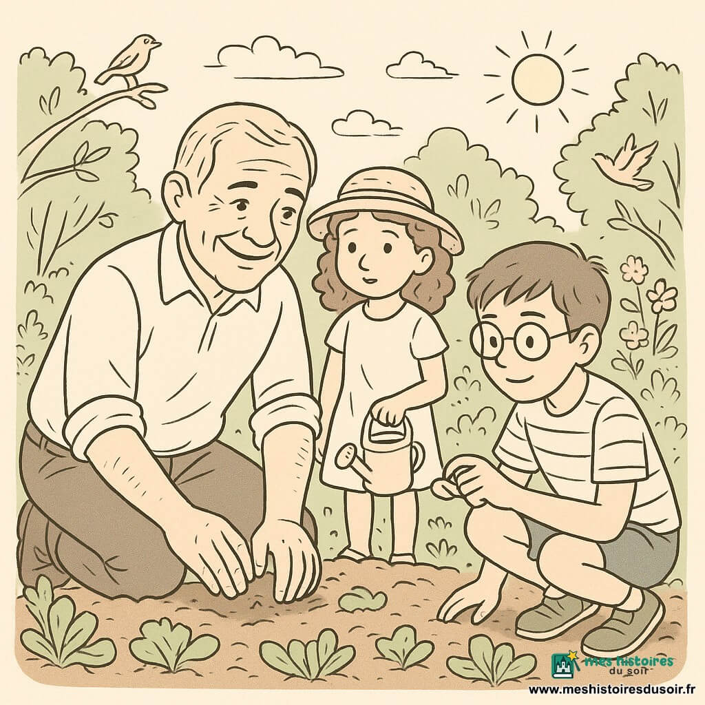 Émile, un homme d'âge moyen au visage souriant et ridé de sagesse, est agenouillé dans un potager, les mains terreuses, plantant des graines. À ses côtés, Léa, 10 ans, cheveux bouclés et chapeau de paille, observe curieusement avec un arrosoir. De l'autre côté, Tom, 11 ans, lunettes rondes et t-shirt rayé, est prêt à planter une graine. Le potager est luxuriant, avec des rangées ordonnées de légumes verts et des fleurs colorées en arrière-plan. Le soleil éclaire doucement la scène d'une lumière dorée et des oiseaux chantent dans les arbres environnants.