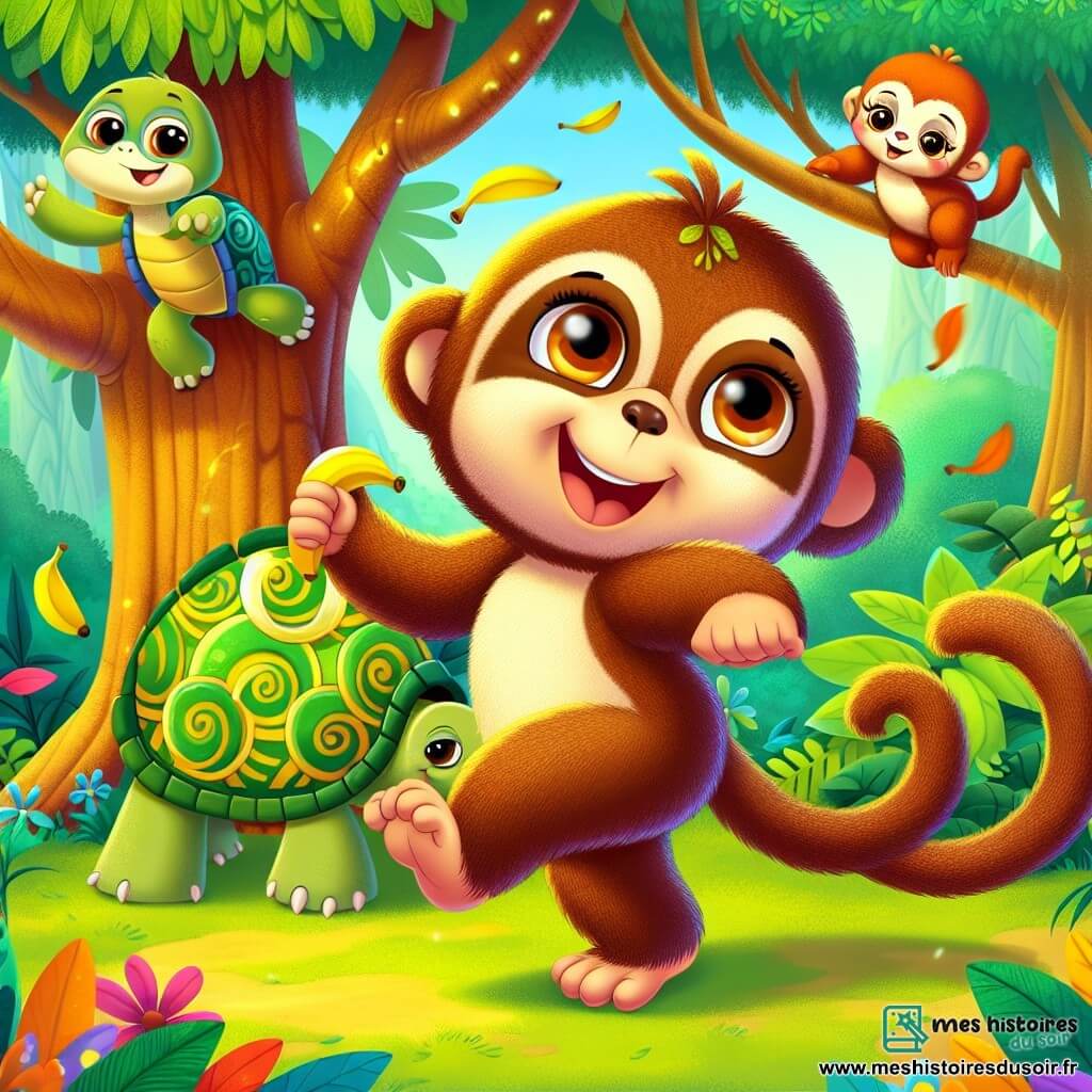 Titi, le petit singe espiègle, danse joyeusement sur une branche, tenant une banane, tandis que des feuilles colorées volent autour de lui. Rita, la tortue, l'observe avec un sourire bienveillant et applaudit lentement. Bibi, le paresseux, est suspendu à une liane, amusé et endormi par les mouvements de Titi. La scène se déroule dans une clairière ensoleillée de la forêt enchantée, entourée d'arbres majestueux et de fleurs colorées. Titi captive l'attention des animaux présents qui l'encouragent avec des cris de joie et des applaudissements.