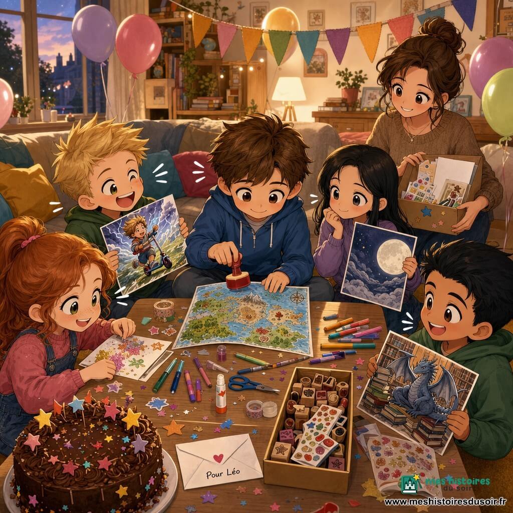 Atelier d'anniversaire chaleureux: Léo, 12 ans, visage rond et large sourire, assis par terre tamponne une grande carte colorée; Lina, ~12 ans, cheveux noirs lisses, timide mais émerveillée, montre sa carte «Lune Factrice» gris-bleu; Noa, ~12 ans, blond en pique, malicieux, tend une carte «Trottinette Tempête» depuis l'arrière-gauche; Zoé, ~12 ans, rousse en couettes, paillette et autocollants, crée près du coin matériel; Samir, ~12 ans, cheveux noirs courts, réservé puis souriant, présente une carte «Dragon Bibliothécaire» en face de Léo; la mère, cheveux bruns attachés, tient une boîte d'autocollants près d'une table basse encombrée de feutres, ciseaux et tampons; tapis moutarde, ballons pastel, guirlande “BON ANNIV”, gros gâteau au chocolat décoré et enveloppe «Pour Léo» sur la table; ambiance joyeuse et concentrée, style chibi, couleurs vives et lumière douce du soir.