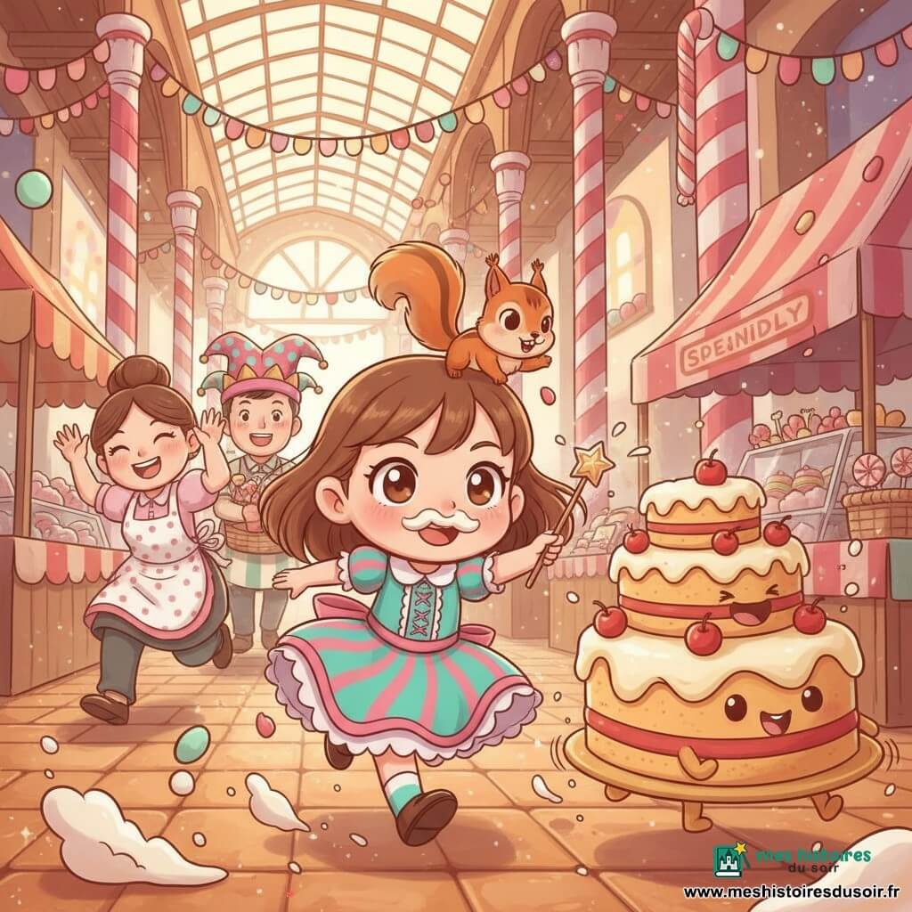 Princesse Pastille (~8 ans) sourit malicieusement avec une moustache de chantilly, robe rayée turquoise et rose, court en tendant une petite baguette chatouilleuse, un écureuil apprivoisé roux sur son épaule; la boulangère (~45 ans) en tablier à pois et chignon la poursuit en agitant des mains farineuses; un énorme gâteau fugueur à trois étages roule en riant; le marchand de bonbons (~30 ans) au chapeau multicolore tient un panier de sucettes; dans une halle couverte aux piliers en sucre d'orge et stands bonbon, la poursuite est joyeuse et comique avec éclaboussures de chantilly, bulles brillantes et confettis.