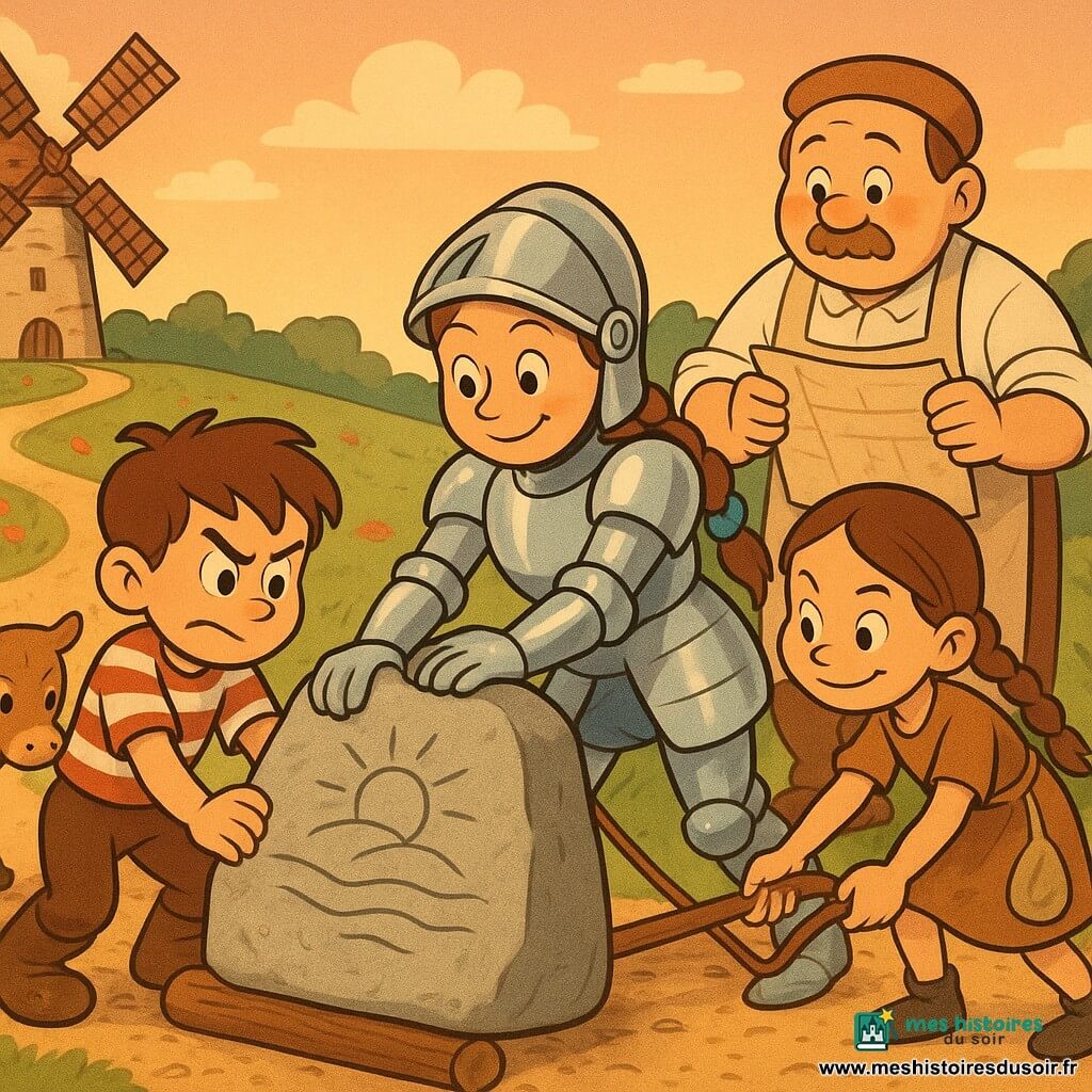 Une chevaleresse au sourire calme, cheveux châtain en natte, armure argentée et petit ruban bleu à la garde de son épée, pousse une grande pierre plate avec ses mains gantées; à sa gauche Milo (≈10 ans) cheveux en bataille, t‑shirt rayé et bottes boueuses, enfonce un rondin sous la pierre, devant la pierre à droite Lila (≈9 ans) en tresses, robe simple et genoux écorchés, plante une ficelle et tient une planche; un meunier adulte au visage farineux montre des plans en bois depuis près d’un vieux moulin en pierre à pale, un petit veau brun clair trottine en observant; lieu : chemin entre champs verts, coquelicots, haies basses, grand rocher gravé d’un soleil et d’une rivière au centre, ciel pastel au coucher; scène : coopération joyeuse et active pour replacer la Pierre‑Limite avec levier et rondins, gestes visibles, poussière légère et expressions amicales; style : contours épais, couleurs chaudes saturées, ombres douces, proportions rondes et gestes exagérés façon rubber hose, textures simples.