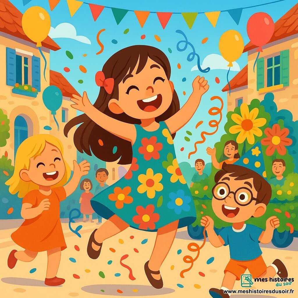Clara, une petite fille de 8 ans aux longs cheveux bruns et aux yeux pétillants, danse avec un grand sourire dans une robe colorée ornée de fleurs, entourée de confettis. Ses amis, une fille blonde de 8 ans et un garçon de 9 ans avec des lunettes, rient et lancent des serpentins, tous en costumes festifs. La scène se déroule dans une rue animée d'un village français, décorée de guirlandes, de ballons et de chars allégoriques. Les maisons en pierre ajoutent une touche pittoresque. Clara et ses amis s'amusent au rythme de la musique, tandis que les villageois les regardent avec des sourires, créant une atmosphère de bonheur et de célébration.
