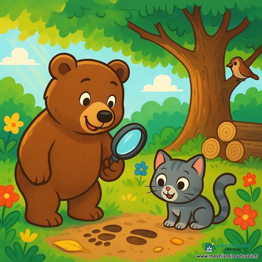 Balthazar l'ours, un gros ours brun au pelage doux et aux yeux curieux, se tient au centre avec une loupe, déterminé et joyeux. À ses côtés, Pipo le chaton, un petit chaton gris aux grands yeux ronds, regarde avec émerveillement, sa queue enroulée autour de ses pattes. Le jardin est rempli de fleurs colorées, de buissons verdoyants et d'un vieux chêne majestueux, sous lequel se trouve un tas de bois. Des rayons de soleil filtrent à travers les feuilles, créant des ombres dansantes. La scène montre Balthazar et Pipo en pleine enquête, examinant des traces mystérieuses sur le sol, entourés d'indices comme une plume jaune et des miettes de biscuit, tandis qu'un petit moineau les observe depuis une branche.