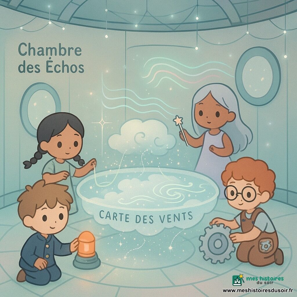 Quatre enfants protègent la Carte des Vents au centre d'une chambre ronde nommée « chambre des échos » : Léo (~11 ans) aux cheveux châtain clair en bataille et veste bleu nuit touche doucement une lampe de balise brillante qui projette un faisceau orange ; Mina (~10 ans), peau claire et tresses noires, en robe verte ornée de petites runes dorées, tisse à gauche des fils lumineux formant un réseau protecteur autour de la Carte flottante ; Jules (~12 ans), roux bouclé en salopette de cuir avec lunettes rondes, ajuste à droite un mécanisme d'engrenages argentés ; Sira (~11 ans), cheveux longs argentés et robe lavande, tient une petite flûte étoilée et chante, faisant onduler des bandes sonores pastel. La chambre a des murs couverts de miroirs lunaires argentés, un sol en dalles de verre opalescent, lumière turquoise et rose diffuse, poutres en acier poli et fils lumineux suspendus ; la Carte, grande feuille translucide de nuage et d'encre argentée, émet une poussière d'étoile scintillante ; l'atmosphère est paisible mais tendue, des ombres métalliques en lisière suggèrent une menace lointaine.