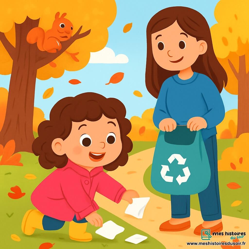 Une petite fille de 4 ans, Léa, aux cheveux bruns bouclés et au grand sourire, ramasse des papiers dans un parc. Elle porte un manteau rose vif et des bottes jaunes brillantes. À côté d'elle, sa maman, d'environ 30 ans avec des cheveux longs et lisses, vêtue d'un pull bleu et d'un jean, l'encourage avec un sourire fier tout en tenant un sac de recyclage. Elles se trouvent sur un chemin bordé d'arbres aux feuilles dorées, illuminées par la lumière douce de l'automne. Le parc est rempli de couleurs vives avec des feuilles rouges, oranges et jaunes tombant au sol, tandis qu'un écureuil les observe depuis une branche. Léa, concentrée et heureuse, agit pour protéger la nature avec détermination.