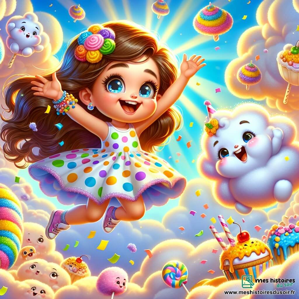 Lila, une petite fille de 6 ans aux longs cheveux bruns et aux yeux pétillants, porte une robe à pois multicolores. Elle saute de nuage en nuage, souriante et excitée. À ses côtés, Nino, un bonhomme de nuage souriant, fait des pirouettes. Ils évoluent dans un monde fantastique de nuages en sucre dans un ciel bleu éclatant, entourés de nuages en forme de bonbons. Ils s'amusent ensemble, riant et sautant, avec des confettis colorés flottant autour d'eux, illustrant leur bonheur et leur esprit d'aventure.