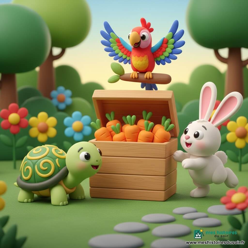 Une tortue ronde à carapace verte et motifs jaunes, souriante et curieuse, avance vers une boîte en bois ouverte remplie de carottes orange vif; à côté, Léon le lapin blanc aux grandes oreilles roses saute joyeusement en regardant la boîte, tandis que Pipo le perroquet aux plumes rouge-bleu-vert est perché au-dessus, battant des ailes; en arrière-plan, un jardin ensoleillé avec pelouse, fleurs et arbres, ambiance chaleureuse et de partage.