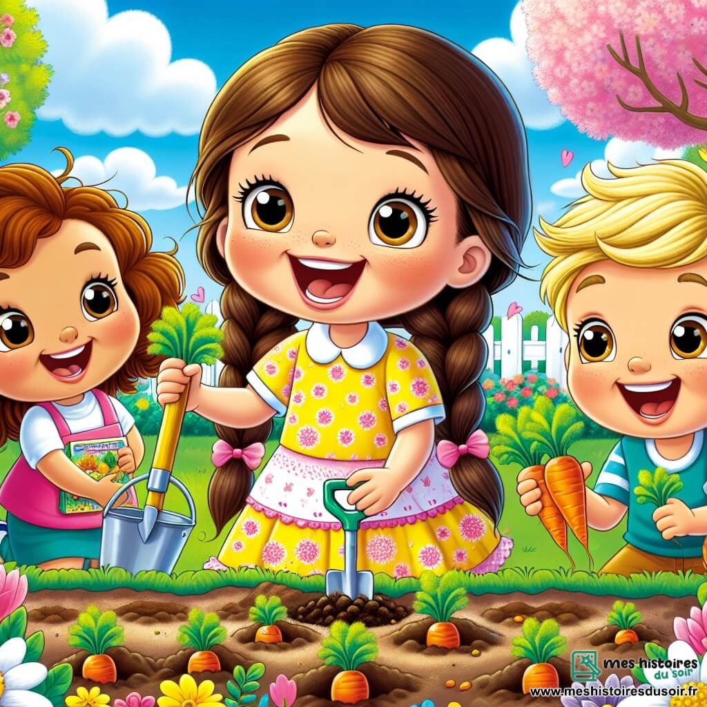 Lola, une petite fille de 6 ans avec de longs cheveux bruns et des tresses, porte une robe jaune à fleurs et sourit joyeusement en creusant un trou pour planter des graines. À côté d'elle, Tom, un garçon blond de 6 ans, plante des carottes en riant. Clara, une autre fille de 6 ans aux cheveux bouclés et en robe rose, tient un paquet de graines de radis, prête à les semer. La scène se déroule dans la cour de l'école, où un jardin coloré prend forme sous un ciel bleu parsemé de nuages blancs. Ils plantent des graines pour leur potager, riant et chantant, impatients de voir leurs légumes grandir.