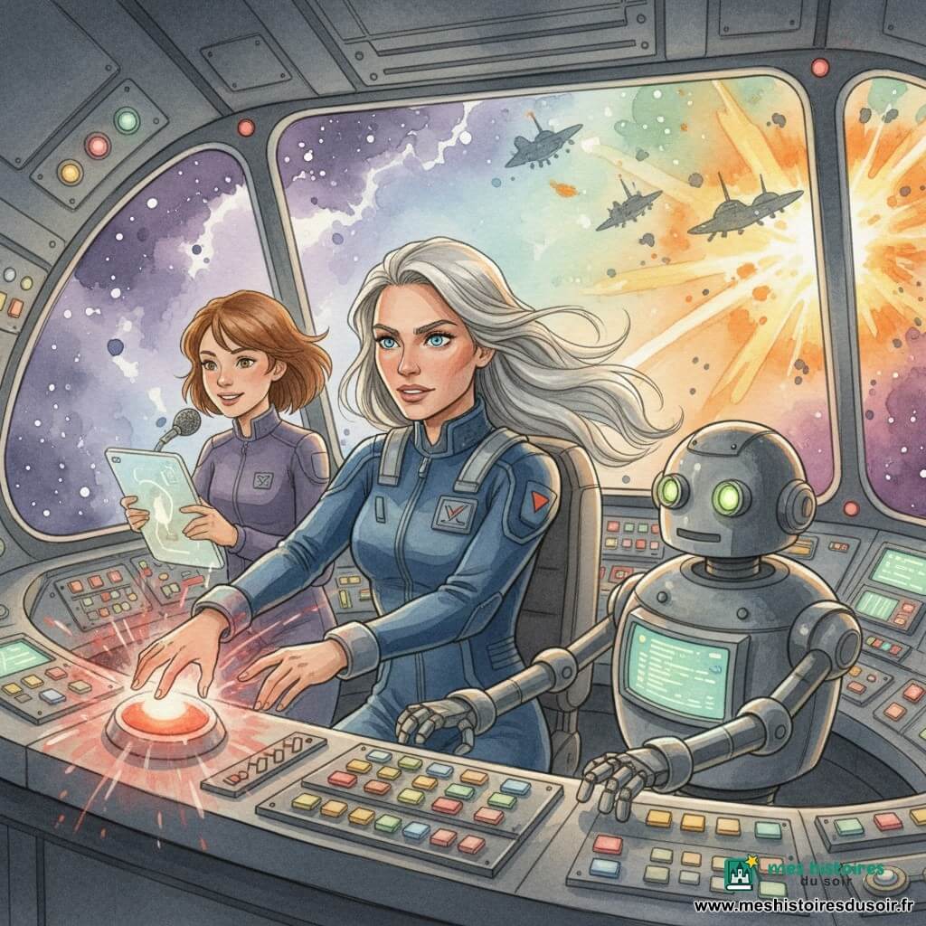 Lila, pilote adulte au visage déterminé et aux cheveux argentés flottant, appuie avec force sur un grand bouton rouge dans le cockpit arrondi de l'Étoile Filante tandis qu'à travers le hublot panoramique on voit des nébuleuses violettes et vertes et l'explosion des vaisseaux ennemis ; à ses côtés, Max, robot rond et amical aux yeux-lampes verts et écran lisant du code, tend un bras vers un panneau de commandes, et un peu en retrait à gauche Mia, jeune femme aux cheveux châtains courts, parle au micro en consultant une tablette holographique — moment de tension héroïque, lumière vive, étincelles, expressions de courage et de soulagement.