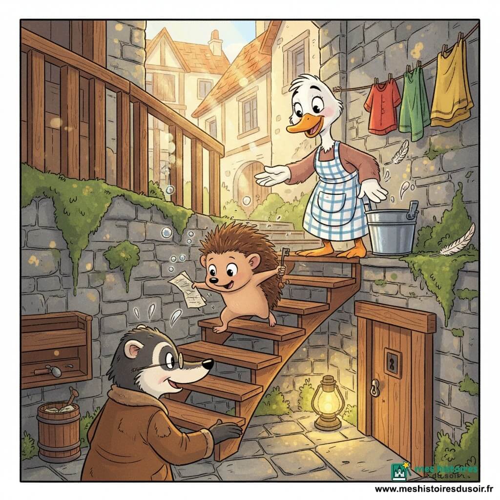 Noisette, petit hérisson aux piquants bruns et aux grands yeux, descend en chantonnant un escalier en bois en spirale, tenant une feuille froissée et une petite clé en bois; Mirelle, une cane au tablier à carreaux, l'encourage depuis le lavoir près d'un seau et de linges sur une corde; Monsieur Taupe, un vieux blaireau aux lunettes rondes et au manteau usé, attend en bas, éclairé par une lampe jaune et prêt à ouvrir une porte de cave; le vieux lavoir aux murs de pierre moussus, dalles humides et rayons de soleil crée une ambiance chaleureuse aux couleurs chaudes et aux textures boisées, ponctuée de détails charmants (bulles d'eau, plumes, clé).
