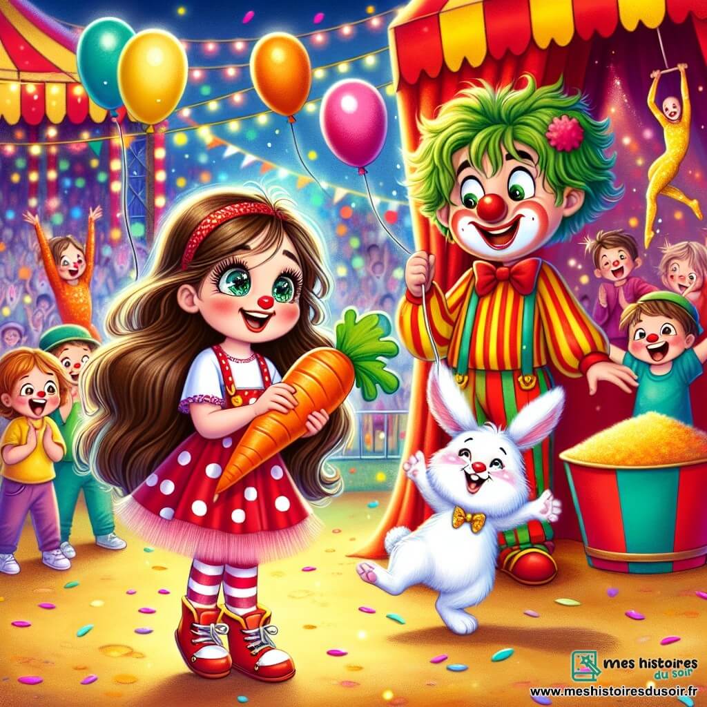 Célia, une petite fille de 8 ans aux longs cheveux bruns et aux yeux pétillants, tient une carotte en plastique et sourit devant un chapiteau de cirque coloré. Elle porte une robe à pois et des chaussures rouges. À ses côtés, Bobo, un clown joyeux avec un nez rouge et des cheveux verts, fait des grimaces tout en agitant des ballons. En arrière-plan, des acrobates s'élancent dans les airs, tandis que des enfants rient et applaudissent, créant une ambiance festive. Célia essaie d'attirer un petit lapin blanc caché derrière un seau de confettis, ajoutant une touche d'aventure à cette journée au cirque.