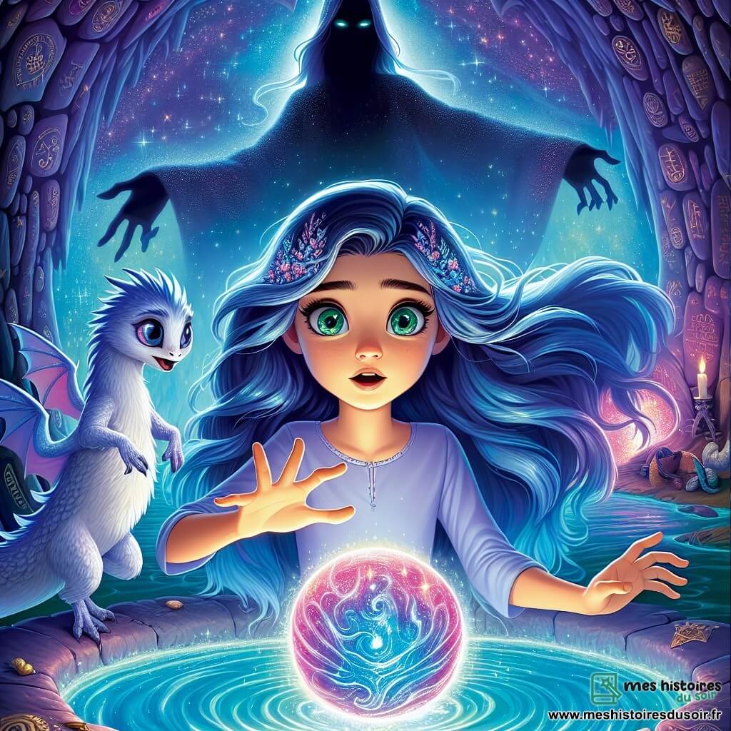 Eléa, une jeune femme aux longs cheveux indigo, se tient au centre d'une grotte flottante, son visage illuminé par l'Orbe de Lyeor. Ses yeux verts brillent d'excitation et de détermination alors qu'elle tend la main vers la sphère irisée. À ses côtés, un petit dragon miniature aux écailles argentées l'observe, prêt à l'aider. Les murs de la grotte, couverts de symboles anciens, scintillent dans des teintes de bleu et de violet, tandis que des étoiles brillent à travers les fissures. Eléa est prête à affronter le Sorcier du Néant, une silhouette sombre en arrière-plan, pour récupérer l'Orbe et sauver les mondes.