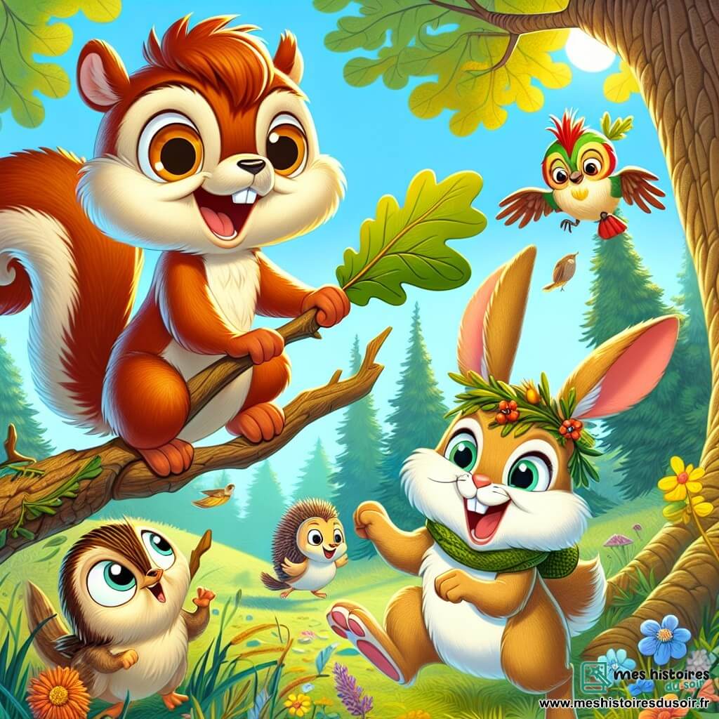 Au centre de l'image, Filou l'écureuil, un petit rongeur à la fourrure brune, est suspendu à une branche, souriant espièglement tout en brandissant une branche comme un sabre, avec un cache-œil en feuille de chêne. À côté de lui, Lulo le lapin, aux grandes oreilles et pelage doux, rit aux éclats, son visage peint en rouge et portant un grand nœud papillon en ficelle, tout en sautillant. Plume, la mésange, virevolte autour d'eux, chantant avec enthousiasme, tandis que Pataud le hérisson, avec sa couronne de feuilles dorées, avance lentement en souriant. Le décor est une clairière ensoleillée entourée d'arbres, parsemée de fleurs colorées, avec un vieux hibou observant la scène. Les quatre amis sont en pleine course déguisée, créant une atmosphère de joie et de camaraderie.