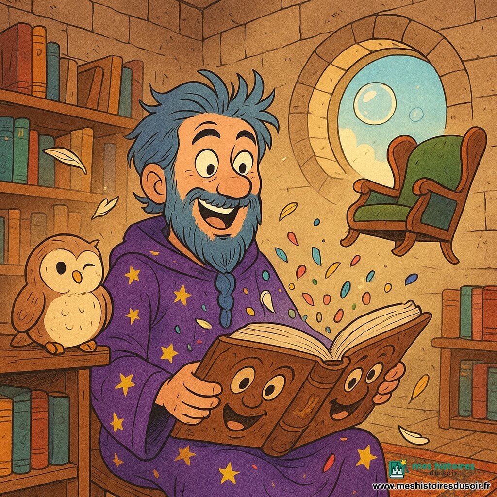 Un sorcier d'environ 35 ans, cheveux gris-bleu en bataille et barbe courte tressée, porte une robe violette à étoiles dorées, joyeux et émerveillé, tenant un grimoire ouvert tandis qu'un fauteuil volant zigzague derrière lui. Plumette, une chouette en peluche ronde au petit sourire en tissu, est posée sur une étagère et cligne un œil malicieusement; le Grimoire des Gags, grand livre ancien au visage animé sur la couverture, rit sur les genoux du sorcier, fait battre ses pages et laisse tomber des confettis. La scène se déroule dans une tour-bibliothèque biscornue aux murs en pierre chaulés et étagères en bois chargées de livres colorés, avec un tapis persan, une fenêtre ronde laissant entrer une lumière dorée et des bulles de savon géantes à l'extérieur; le sort farceur fait danser les livres, transforme des chapeaux en melons et remplit l'air de confettis et de plumes, ambiance festive aux couleurs chaudes, traits expressifs et textures visibles.