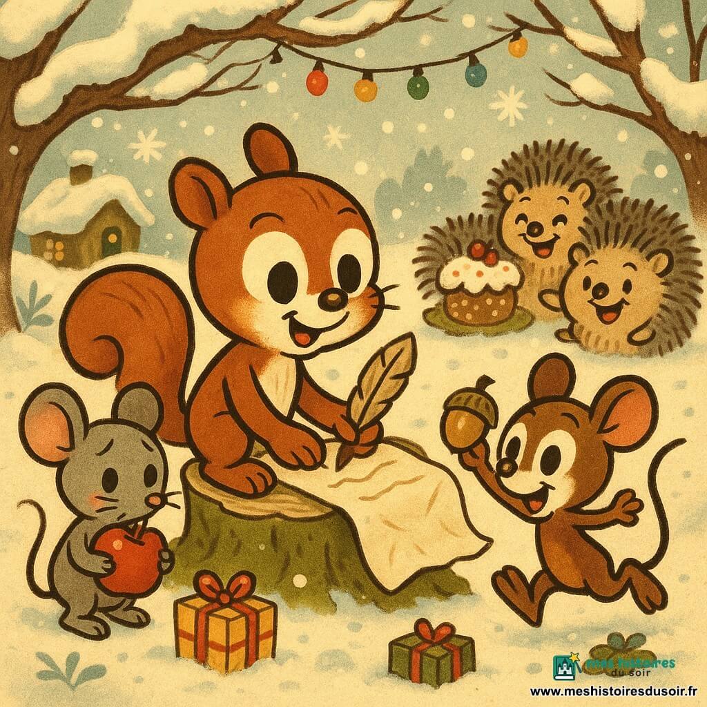 Noisette, petit écureuil roux au pelage brillant, écrit une lettre de Noël assis sur une souche mousseuse; à gauche Lola, petite souris grise, serre une pomme rouge; à droite Pipo, mulot brun, montre une noisette dorée en sautillant; trois hérissons rieurs sont derrière eux autour d’un petit gâteau; la scène se déroule dans une clairière enneigée décorée de guirlandes lumineuses avec de petites maisons de mousse en arrière-plan et des paquets colorés sur la neige, ambiance chaleureuse et cosy.