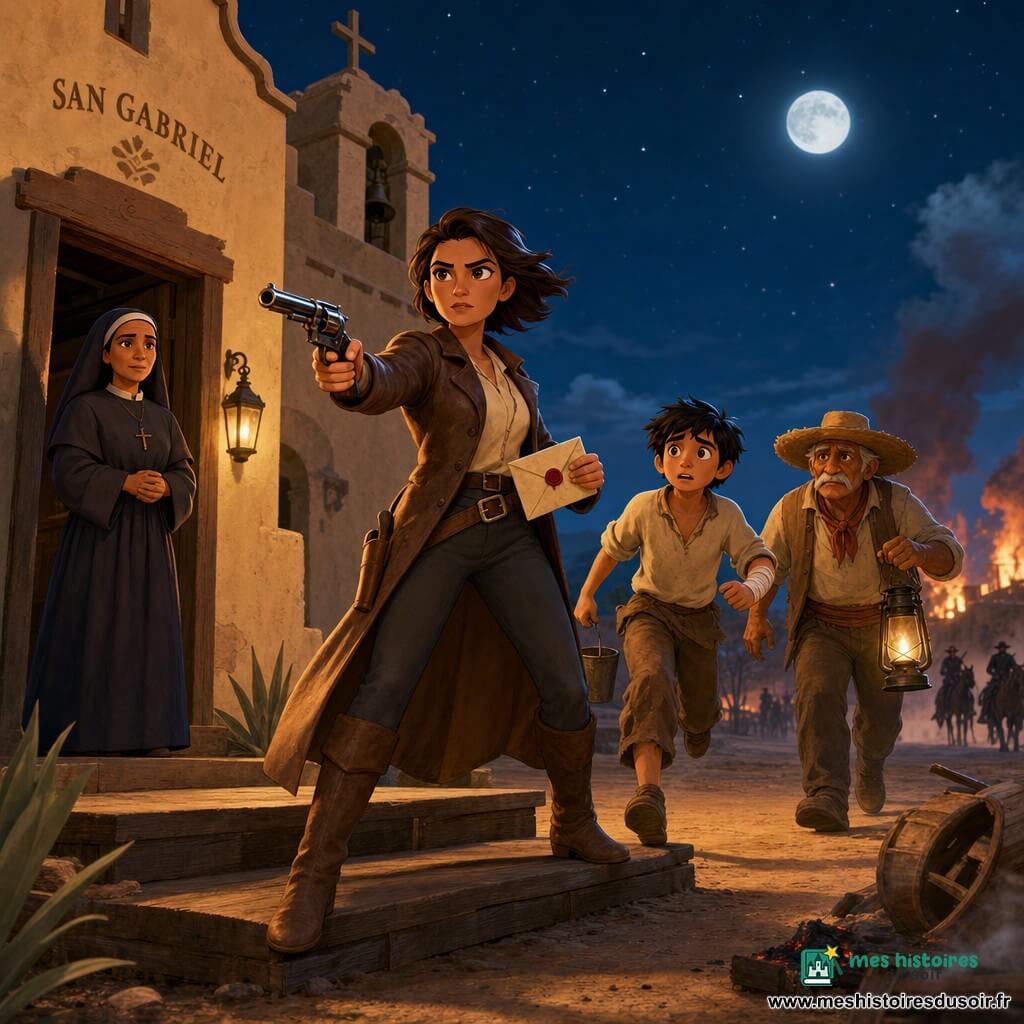 Mara Keane, femme adulte au visage concentré et calme, cheveux courts balayés par le vent, manteau en cuir et bottes poussiéreuses, tient un revolver et une lettre scellée sur l'escalier en bois devant la mission San Gabriel ; Téo, garçon d'environ 10 ans, cheveux noirs ébouriffés, essoufflé avec pansement à l'avant-bras, court vers la chapelle en arrière-plan en levant un petit seau ; sœur Isabela, femme d'environ 45 ans en robe sombre, mains jointes, se tient à la porte de la chapelle à gauche comme soutien moral ; don Esteban, homme d'environ 70 ans en tenue de travail et chapeau de paille, porte une lanterne à droite prêt à aider ; la mission en adobe claire avec clocher, cour ocre et quelques barils et cendres fumantes, nuit étoilée avec lune pâle, faibles flammes et fumée d'un petit incendie, torches chaudes contrastant avec le bleu de la nuit, atmosphère héroïque et dramatique mais adaptée aux enfants, rendu en cel-shading aux couleurs vives et contours nets.