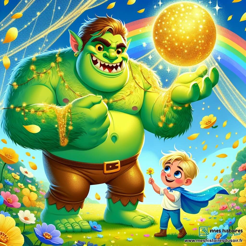 Un ogre géant nommé Groff, avec une peau verte et des yeux dorés, se tient au centre de l'image, affichant une expression joyeuse. Il a des bras musclés et des dents pointues, mais son sourire est amical. Groff tient un ballon d'or dans ses grandes mains, entouré de pétales de fleurs dorées qui tombent du ciel. À ses côtés, un petit garçon nommé Léo, âgé d'environ 8 ans, avec des cheveux dorés et des yeux curieux, regarde le ballon avec émerveillement. Il porte une cape bleue et sourit largement, partageant la joie de l'ogre. La scène se déroule dans le jardin magique de la fée du vent, rempli de fleurs colorées et de pétales dorés, symbolisant la paix et la joie, alors qu'ils célèbrent leur amitié retrouvée.