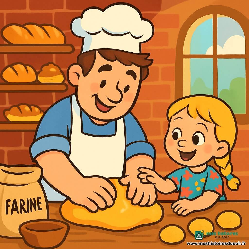Un homme boulanger nommé Marcel, avec de grandes mains douces et un tablier blanc, sourit en pétrissant une pâte dorée sur une table en bois. Ses cheveux bruns sont ébouriffés et ses joues sont roses de chaleur et de bonheur. À côté de lui, une petite fille de 6 ans, Lila, avec des yeux ronds et brillants, l'observe avec émerveillement. Elle a des cheveux blonds tressés et porte une robe colorée à fleurs. La scène se déroule dans une boulangerie chaleureuse aux murs en briques rouges, remplie de pains dorés et de pâtisseries. La lumière douce du matin éclaire la farine dans l'air. Marcel et Lila façonnent des petits pains ronds, entourés de sacs de farine et d'ustensiles de cuisine, dans une atmosphère parfumée de pain chaud et de bonheur.